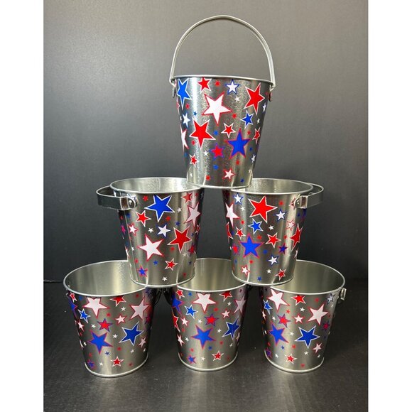 Unknown Other - Patriotic Mini Metal Bucket Pails with Red White Blue Stars Silver - Set of 5